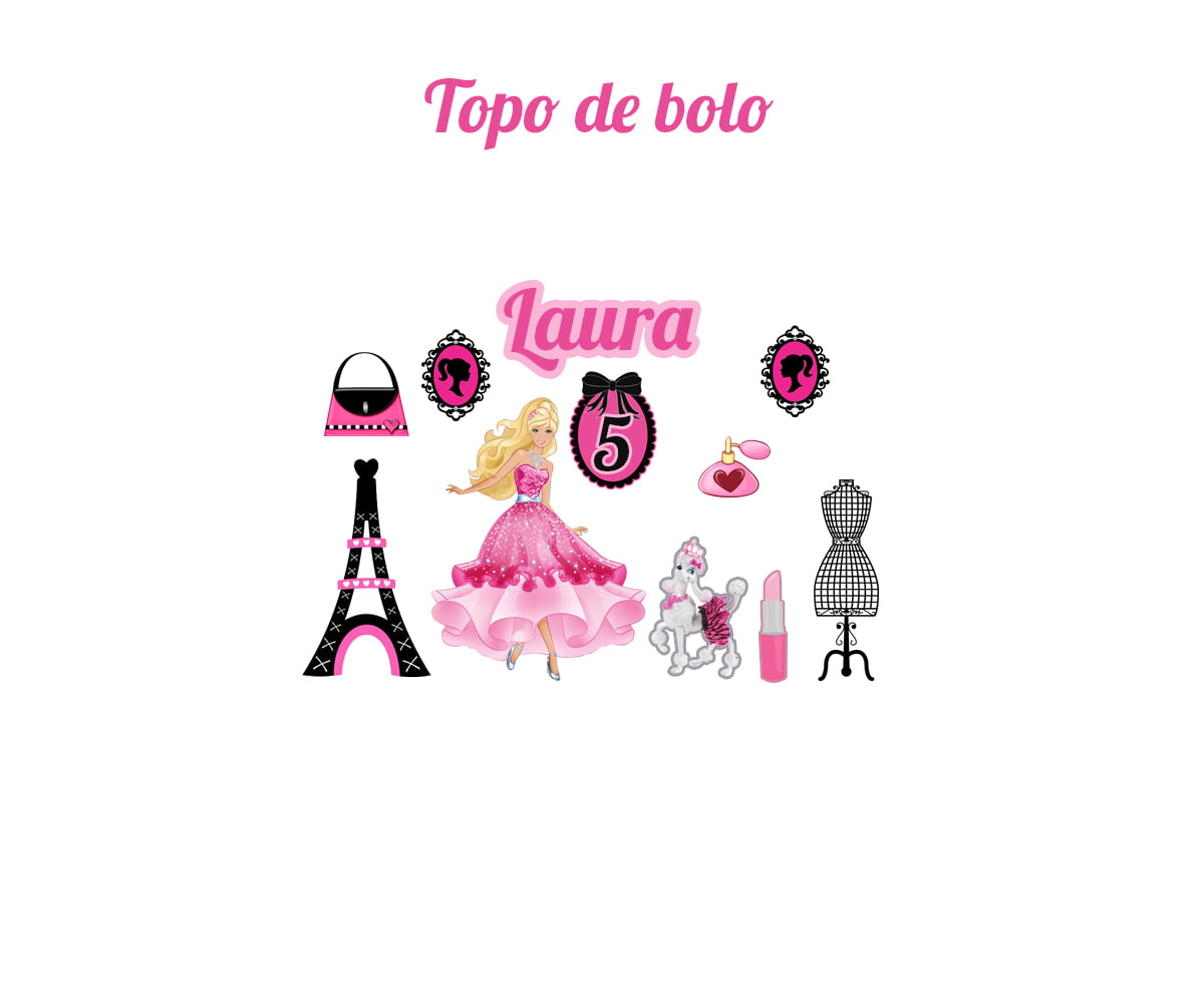 Topo de Bolo - Barbie Rosas - Personalizado com nome e idade