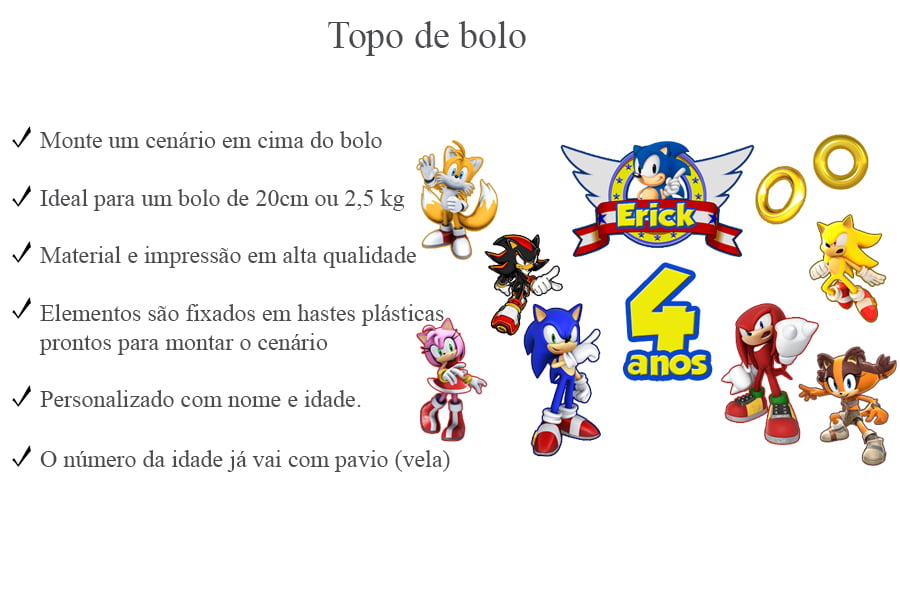 Topo de Bolo Sonic 2 Parabéns - 5 Itens