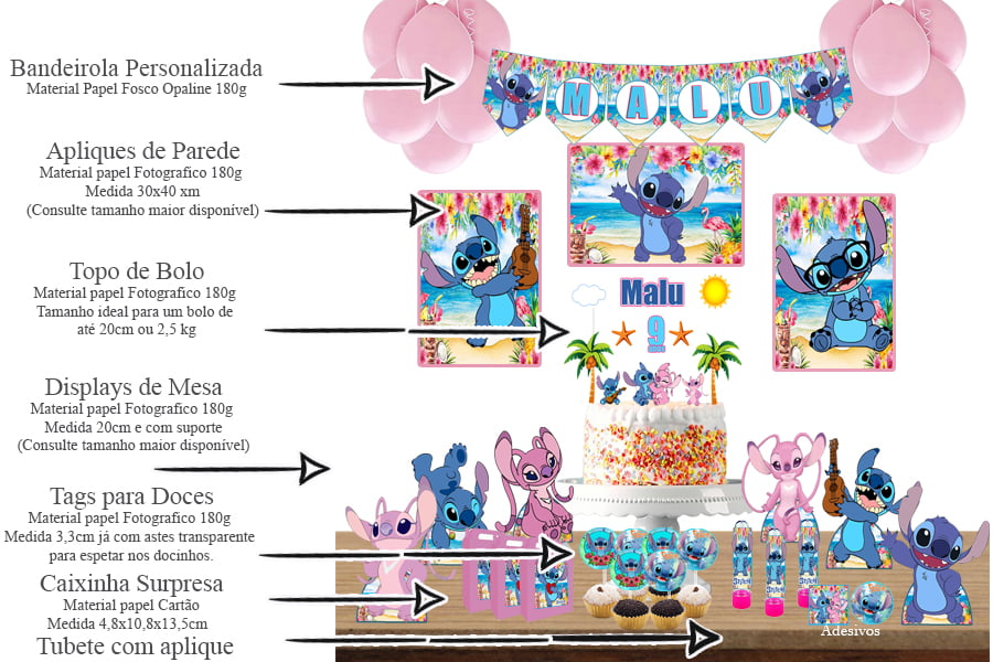Kit Aniversário stitch Menina - Pic Art Personalizados