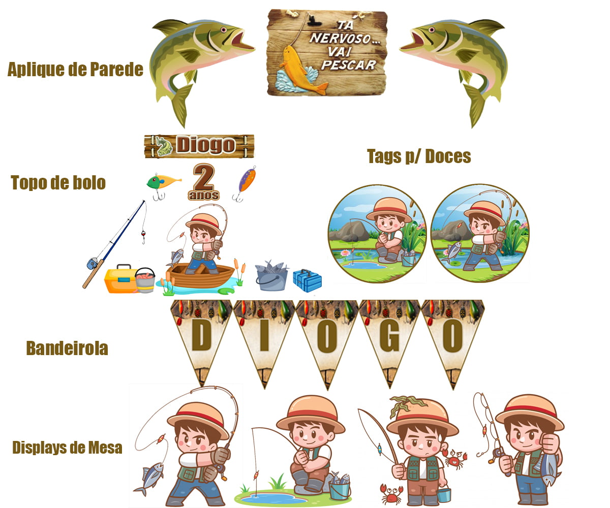 1 Kit Topo De Bolo Personalizado - Masculino Pesca/ Pescador